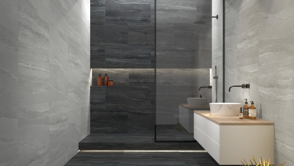 グレイッシュトーンで魅せる石目調タイル「ノスタルジア」｜大判タイルで広がりのある空間演出